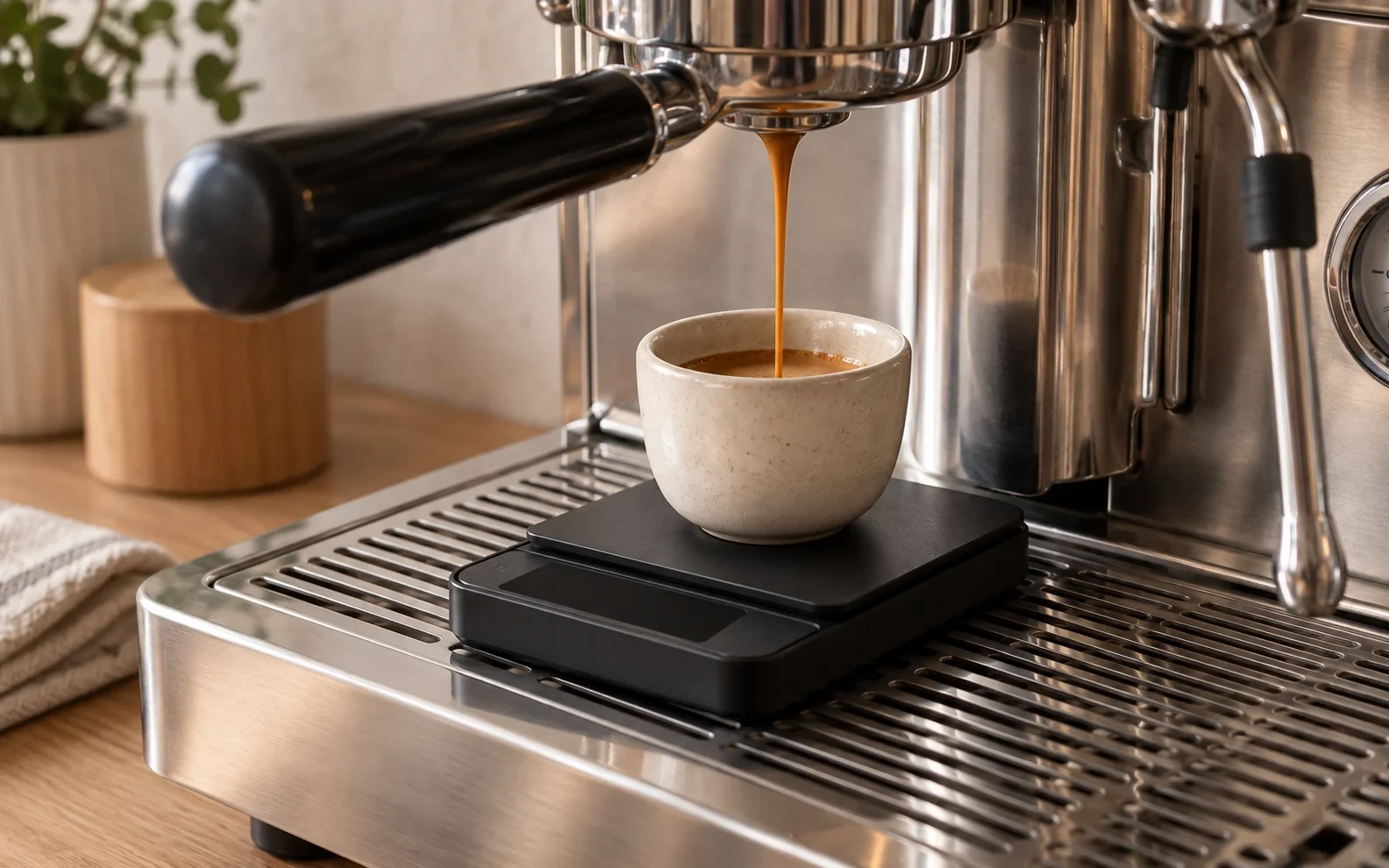 Espresso flowing into a cream cup on a black digital scale beneath a chrome group head