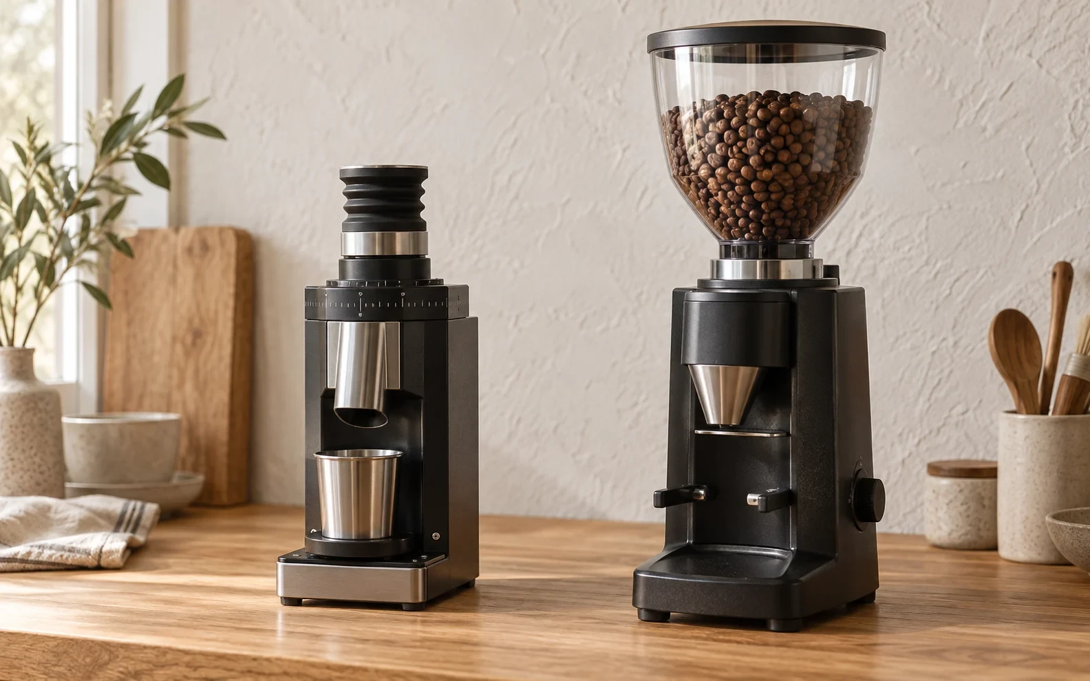 A black single-dose grinder beside a black hopper grinder on a wooden counter