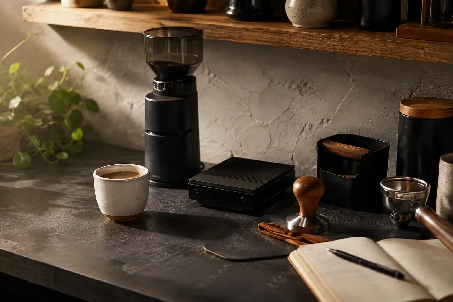 A grinder, scale and barista tools on a home coffee bar