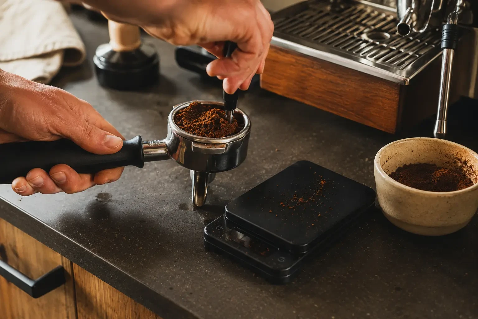 Hands distributing ground coffee in an espresso portafilter