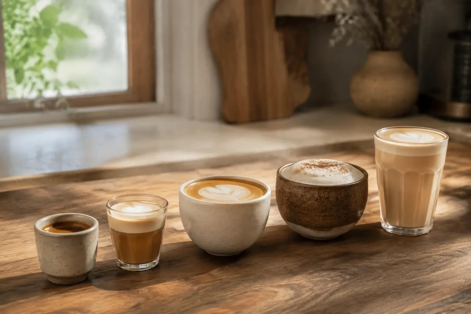 Five espresso and milk-based coffee drinks in different cups on a wooden table