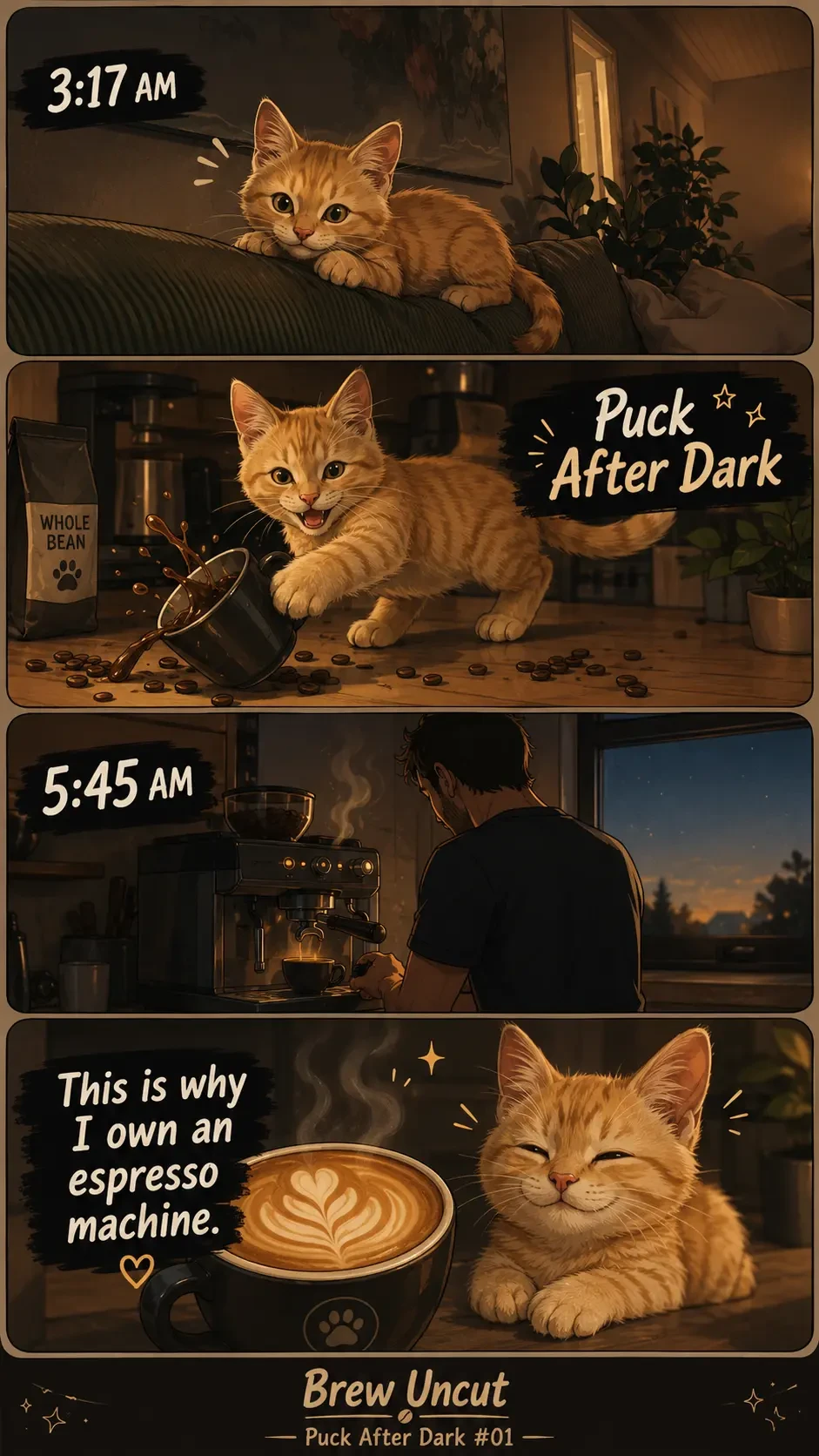Puck After Dark comic showing the night shift and a morning espresso routine
