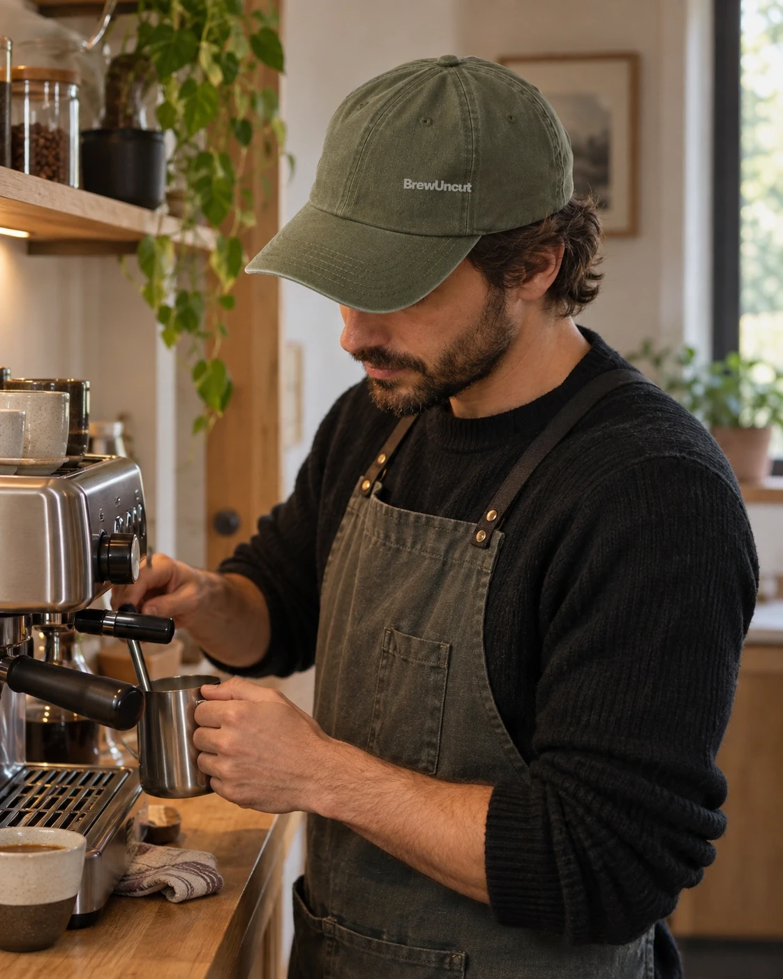 Barista wearing a faded-olive Brew Uncut cap while preparing milk at an espresso machine