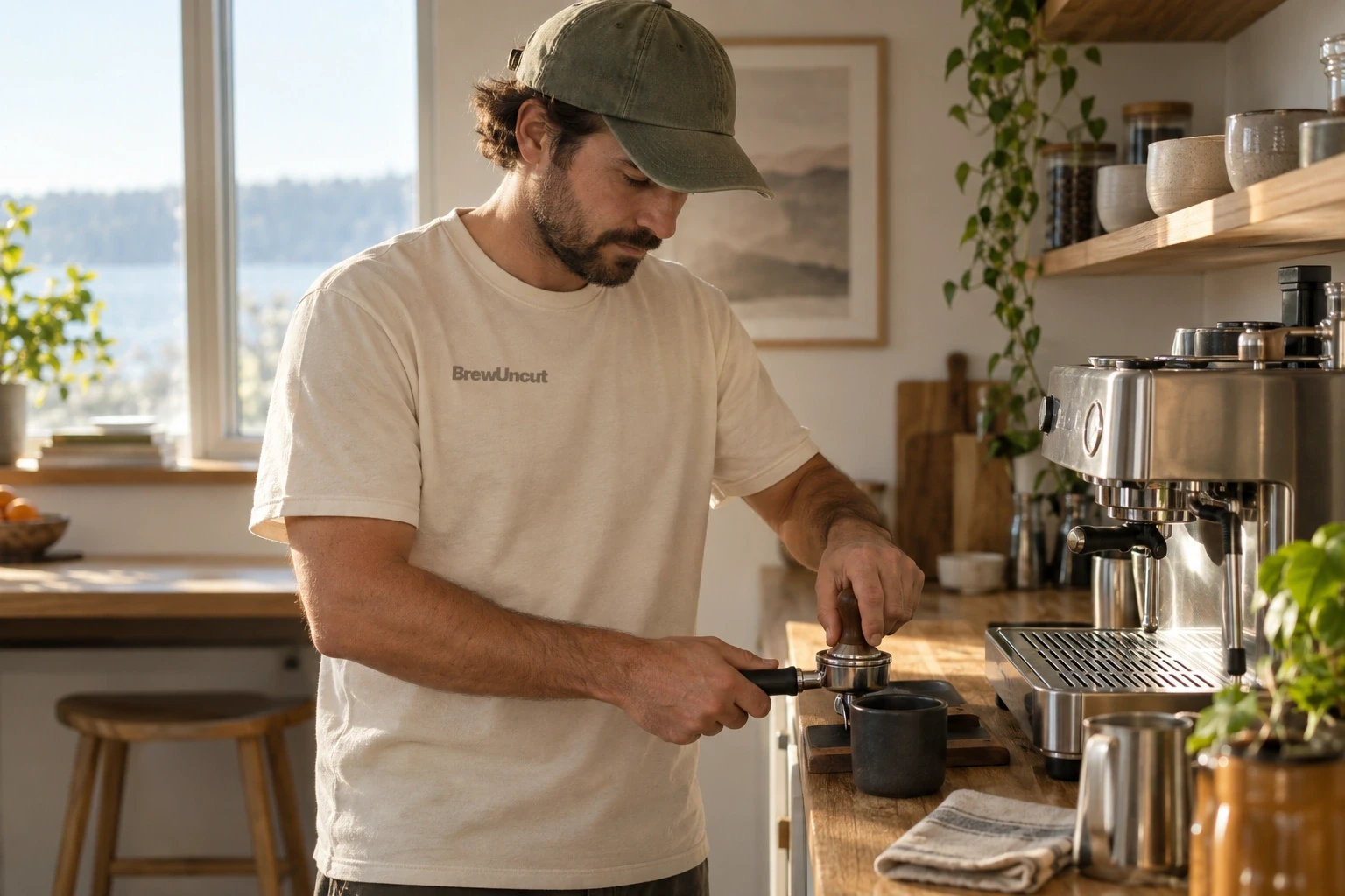 Barista wearing a warm-natural Brew Uncut T-shirt and faded-olive cap while preparing espresso