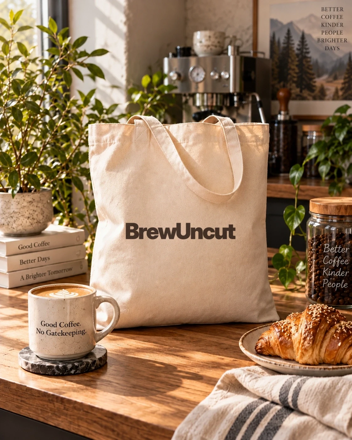 Natural canvas Brew Uncut Daily Tote standing on a warm oak coffee bar